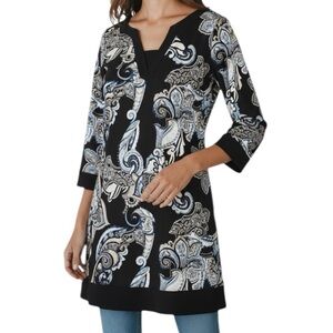 NWT WHBM Black Paisley Notch Neck 3/4 Sleeve Long Tunic Blouse Size Medium